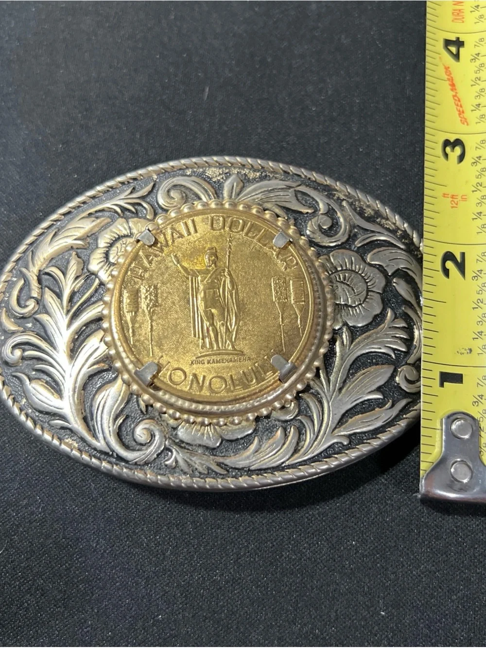 Vintage Hawaii Dollar Coin Belt Buckle Metal Brass Floral Design King Kamehameha